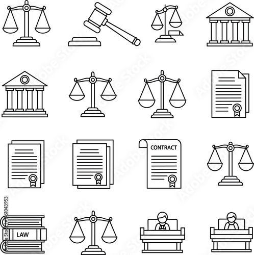 Legal Justice Icon Set with Court Building Gavel Balance Scale Law Documents Judge and Contract Symbols for Law Firm and Judiciary Design
