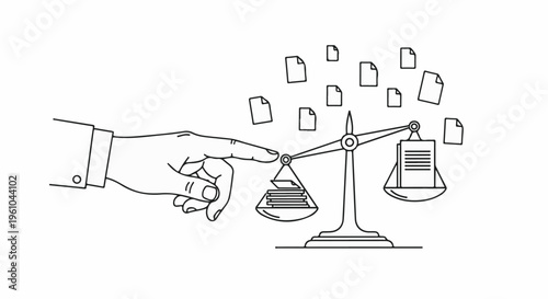 Hand balancing documents on scales with floating papers around
