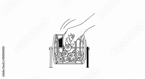 Hand drawing of a lottery machine with numbered balls and a hand selecting one