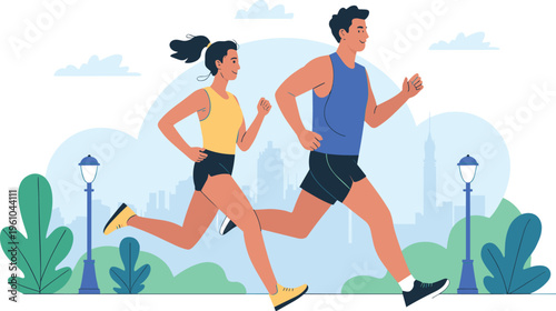 Vector illustration of a man and woman jogging in a city park for fitness and outdoor activity themes