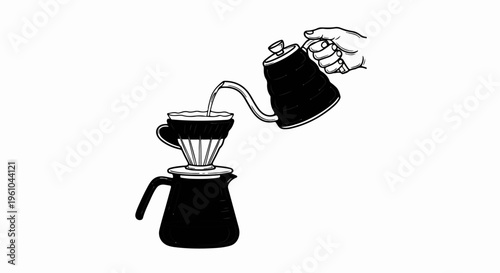 Hand pouring hot water from kettle into coffee filter, over server