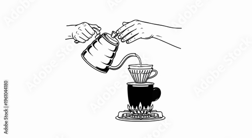 Hands pour hot water from kettle into coffee filter cone over mug