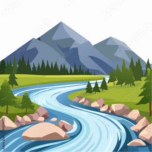 A winding stormy river flows through a mountainous landscape with stones and strong current.