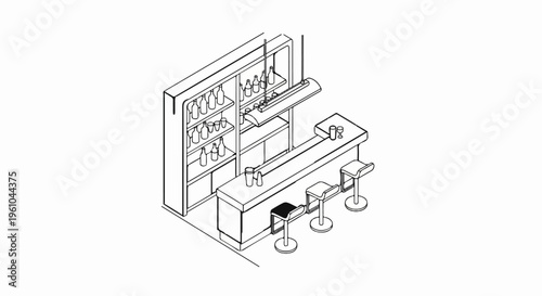Isometric line drawing of a bar interior with stools, bottles, and glasses