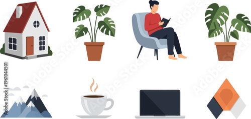 Cozy home scene with reading, plants, coffee, laptop, mountains, and abstract shapes