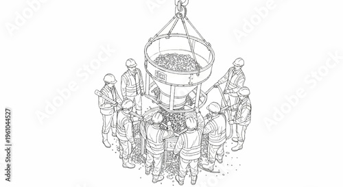 Construction workers guide concrete into a pit from a suspended bucket