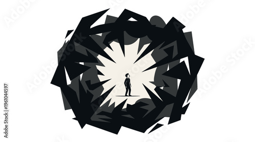 a man standing in the center of a broken wall.