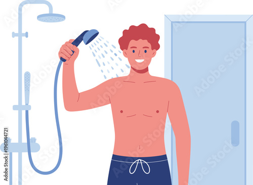 Man taking a shower vector illustration for personal hygiene and wellness design