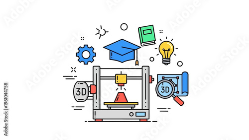 3D Printer with Icons and Symbols.
