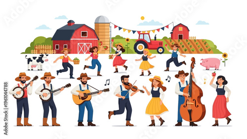 Musicians Playing Instruments in Folk Style.