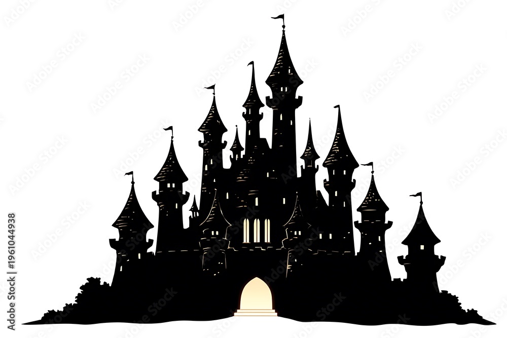 Obraz premium Fantasy Castle Silhouette Medieval Architecture.