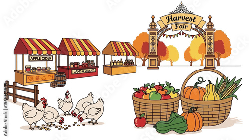 Harvest Market Scene with Fresh Produce and Chickens.