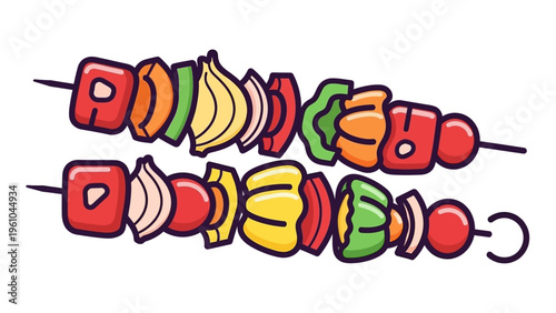 Colorful kebabs with assorted vegetables and fruit.