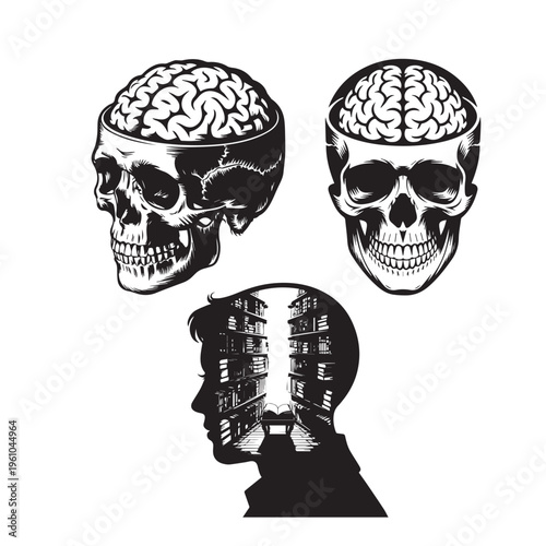 Conceptual Human Brain and Skull Graphics - Intellectual Knowledge Silhouette with Library Bookshelves
