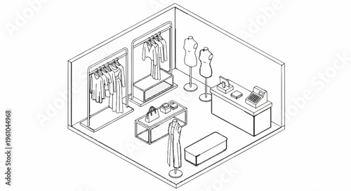 Isometric sketch of a boutique store interior with clothing racks, mannequins, and counter