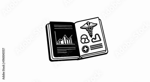Open medical book with chart, caduceus, and health symbols