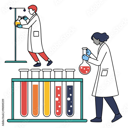 Scientists working in a laboratory with test tubes and flasks