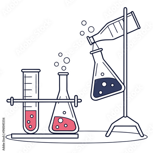 Laboratory equipment with beakers and flasks test tubes
