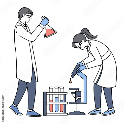 Two scientists working with test tubes and flasks laboratory