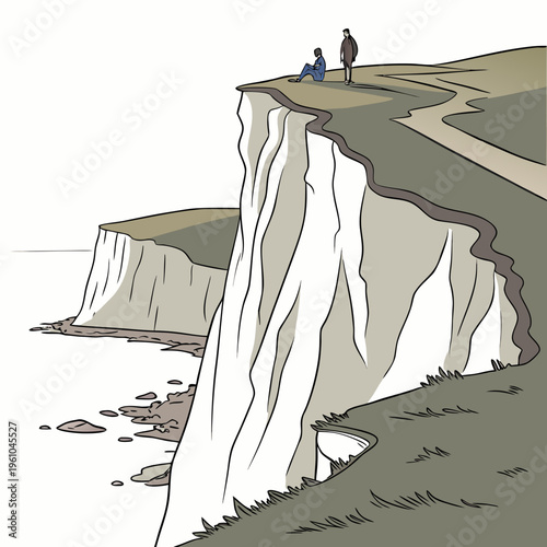 Cliff with people standing and sitting on landscape