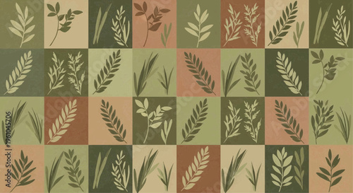 Grid of thirty square leaf-patterned tiles in natural green tones arranged on clean white backdrop