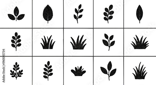 Black Plant Silhouettes Grid on White Background for Botanical Design