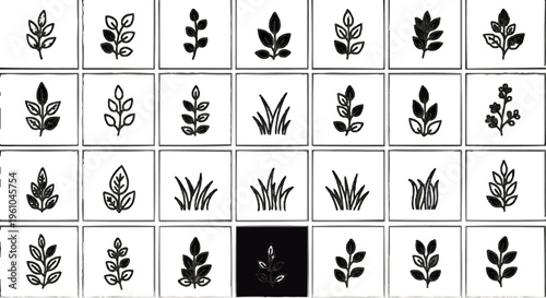 Collection of Thirty Minimalist Black and White Leaf Illustrations on Grid