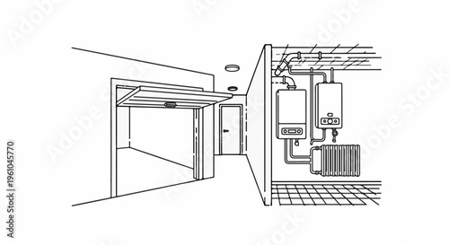 Cutaway view showing a garage, hallway with door, and heating system components