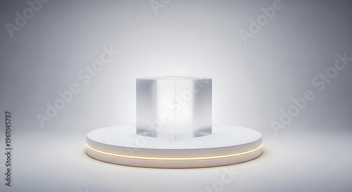 A translucent cube on a glowing, white platform. Minimalist, modern presentation, focused lighting