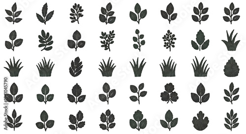 Black plant icons grid arranged in neat rows, botanical illustration set