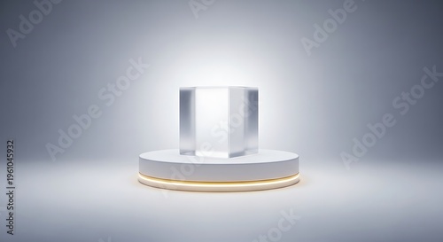 A translucent, geometric prism rests atop a glowing, circular pedestal, against a gradient backdrop