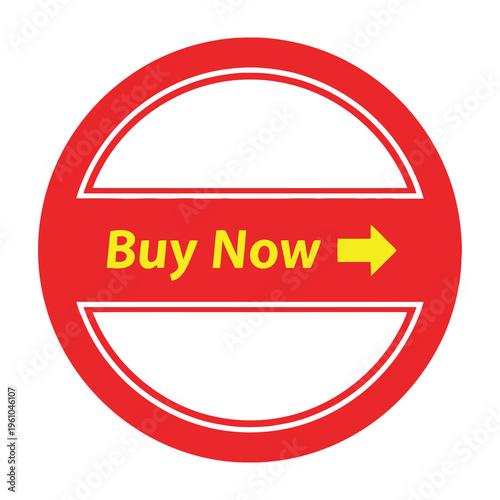 Red circle buy now button with yellow text and arrow