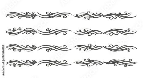 Six ornate black floral swirl graphics on white background arranged in two rows of three
