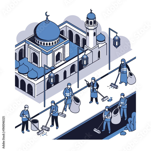 Cleaning Staff Maintaining Mosque Exterior.