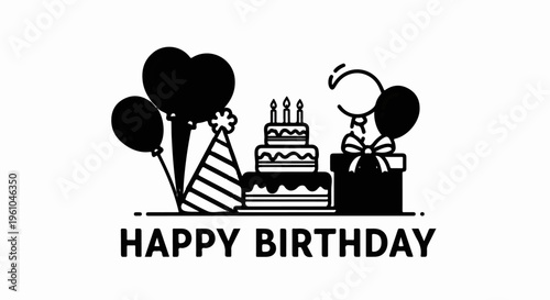 Festive black and white illustration of a birthday celebration with cake, gifts, and balloons