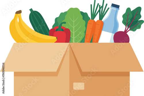 Fresh produce box vector illustration with fruits and vegetables for healthy eating and organic food designs