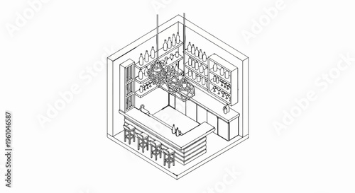 Isometric view of a stylish bar interior with shelves, bottles, stools, and a unique pendant light