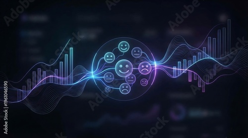 Futuristic customer sentiment analysis dashboard, glowing digital data visualization of user feedback, abstract business analytics interface with emoji icons