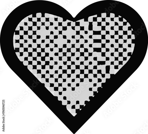Heart shape with a checkered pattern in grayscale and black outline