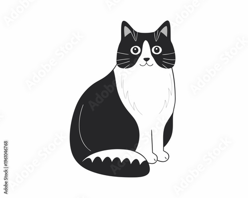 A charming black and white cartoon cat sitting calmly facing forward