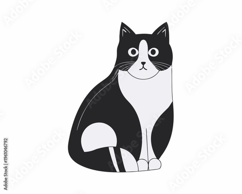 A stylized black and white cat sits calmly facing forward