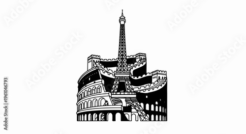 Iconic global landmarks combined Colosseum, Great Wall, Eiffel Tower