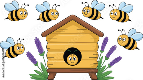 Vector illustration of bees around a beehive with lavender flowers, perfect for nature and garden-themed designs.