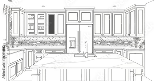 Interior view of a modern kitchen design with island and appliances