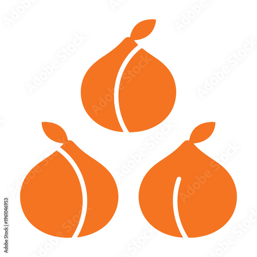 Three orange onions stacked in triangle formation on white background