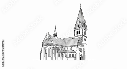 Detailed line drawing of a large church with a tall spired tower