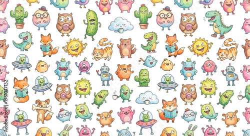 Seamless watercolor pattern of funny whimsical doodle characters, cute monsters and animals on white background