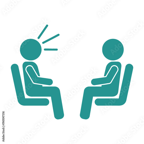 Two teal stick figures sitting in chairs one with sunburst symbolizing inspiration or idea