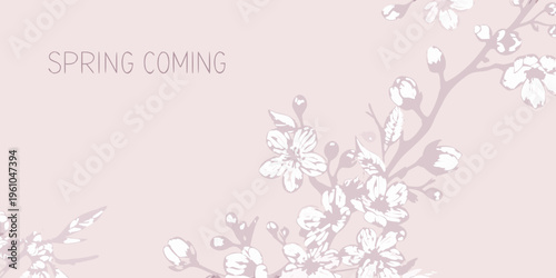 Delicate cherry blossoms and text announcing the arrival of spring