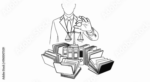 Lawyer holding scales of justice over files and folders
